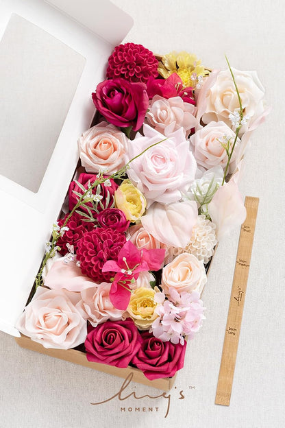 Fake Flowers Box, Faux Artificial Greenery Stems Foam Roses Poppy Gardenia Silk Hydrangea Peony Fabic Flower for Centerpieces Bouquet Wedding Floral Vase, English Pastel, Deluxe Combo
