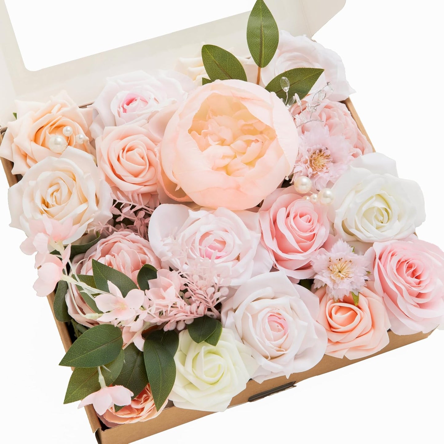 Fake Flowers Box, Faux Artificial Greenery Stems Foam Roses Poppy Gardenia Silk Hydrangea Peony Fabic Flower for Centerpieces Bouquet Wedding Floral Vase, English Pastel, Deluxe Combo