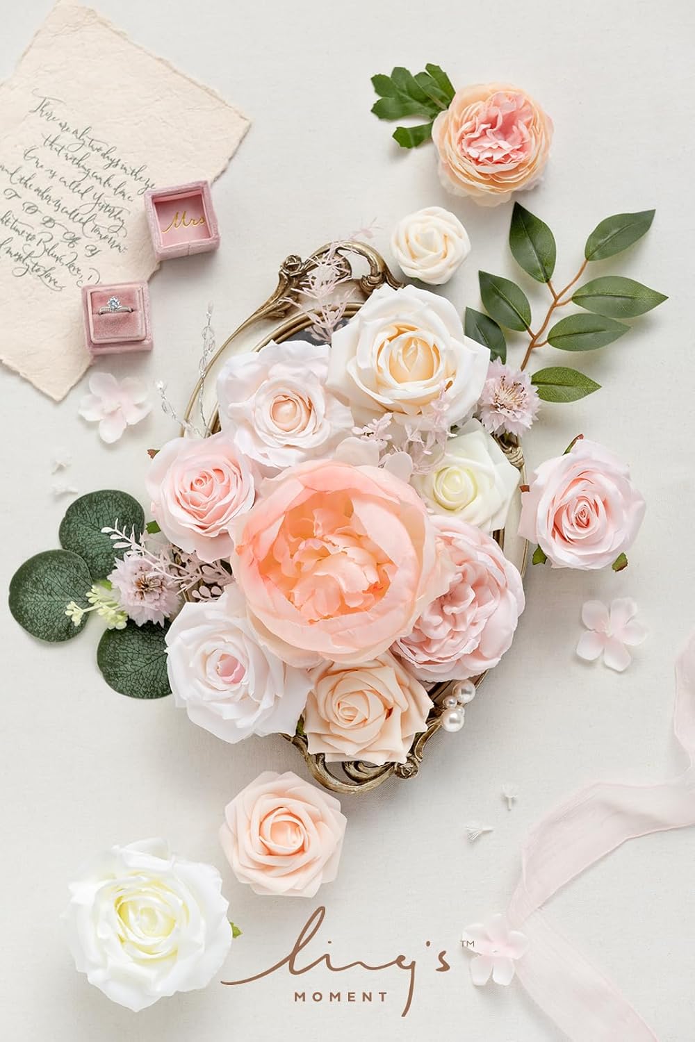 Fake Flowers Box, Faux Artificial Greenery Stems Foam Roses Poppy Gardenia Silk Hydrangea Peony Fabic Flower for Centerpieces Bouquet Wedding Floral Vase, English Pastel, Deluxe Combo
