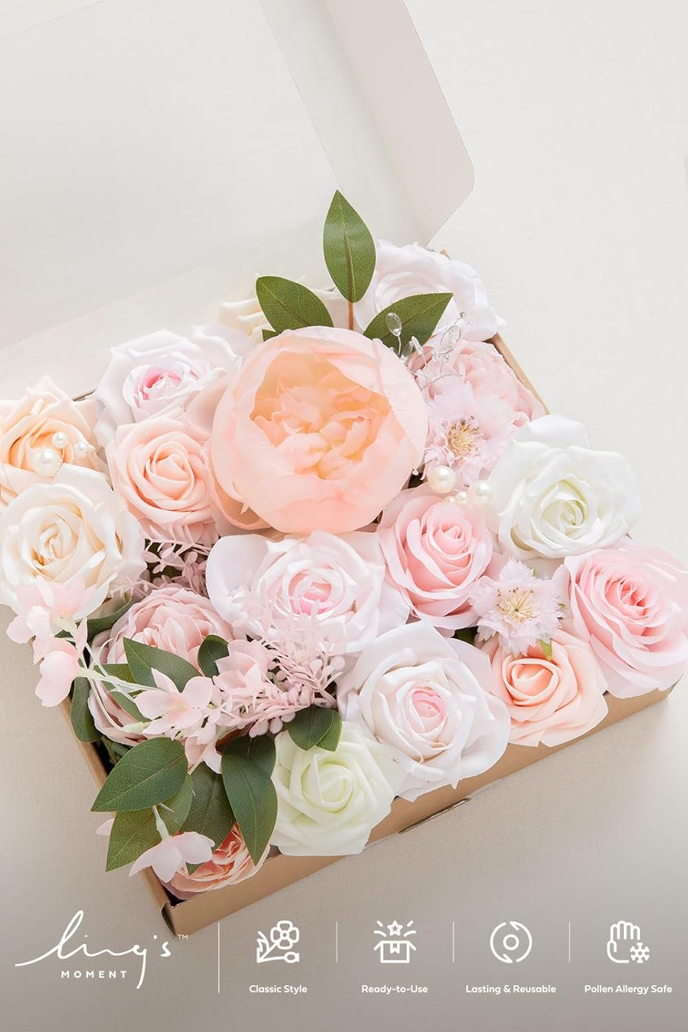Fake Flowers Box, Faux Artificial Greenery Stems Foam Roses Poppy Gardenia Silk Hydrangea Peony Fabic Flower for Centerpieces Bouquet Wedding Floral Vase, English Pastel, Deluxe Combo