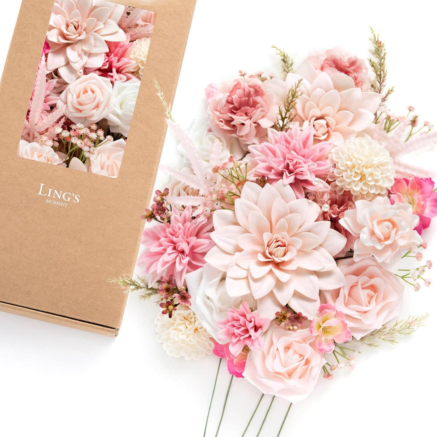 Fake Flowers Box, Faux Artificial Greenery Stems Foam Roses Poppy Gardenia Silk Hydrangea Peony Fabic Flower for Centerpieces Bouquet Wedding Floral Vase, English Pastel, Deluxe Combo