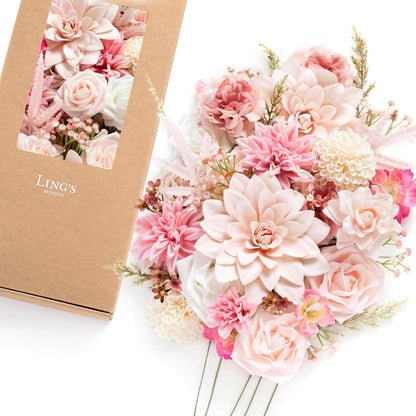 Fake Flowers Box, Faux Artificial Greenery Stems Foam Roses Poppy Gardenia Silk Hydrangea Peony Fabic Flower for Centerpieces Bouquet Wedding Floral Vase, English Pastel, Deluxe Combo