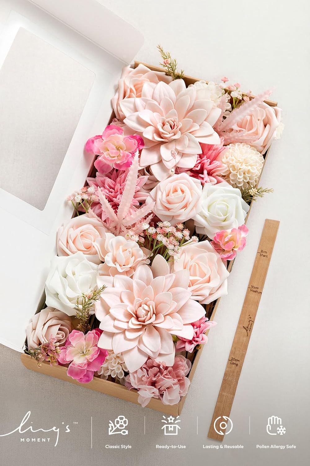 Fake Flowers Box, Faux Artificial Greenery Stems Foam Roses Poppy Gardenia Silk Hydrangea Peony Fabic Flower for Centerpieces Bouquet Wedding Floral Vase, English Pastel, Deluxe Combo