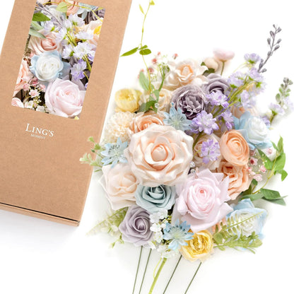 Fake Flowers Box, Faux Artificial Greenery Stems Foam Roses Poppy Gardenia Silk Hydrangea Peony Fabic Flower for Centerpieces Bouquet Wedding Floral Vase, English Pastel, Deluxe Combo