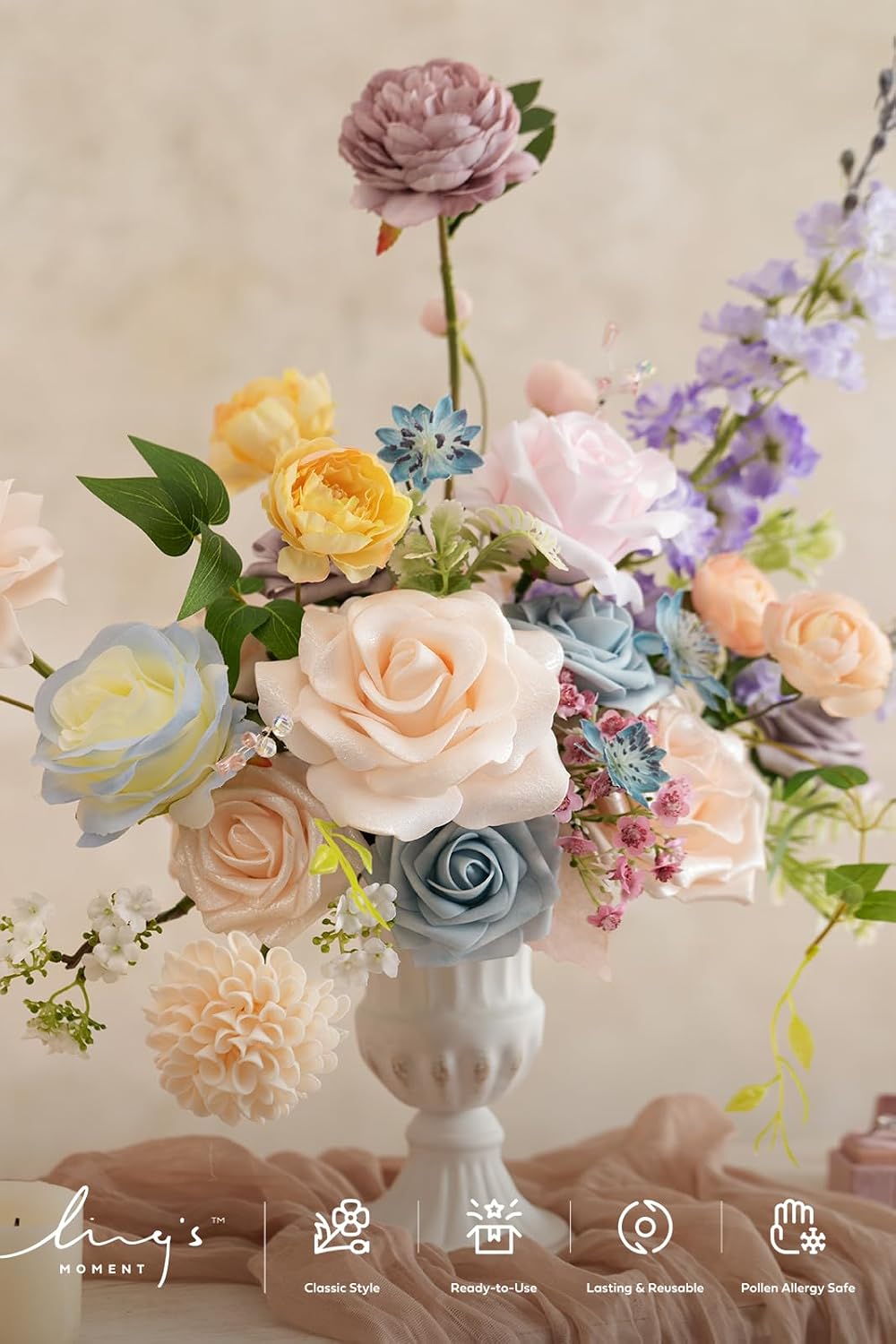 Fake Flowers Box, Faux Artificial Greenery Stems Foam Roses Poppy Gardenia Silk Hydrangea Peony Fabic Flower for Centerpieces Bouquet Wedding Floral Vase, English Pastel, Deluxe Combo