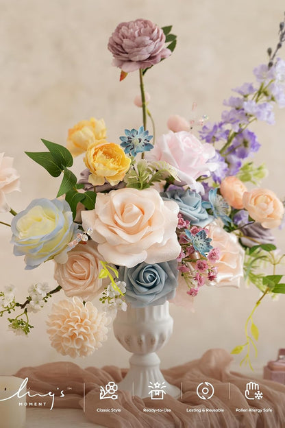Fake Flowers Box, Faux Artificial Greenery Stems Foam Roses Poppy Gardenia Silk Hydrangea Peony Fabic Flower for Centerpieces Bouquet Wedding Floral Vase, English Pastel, Deluxe Combo