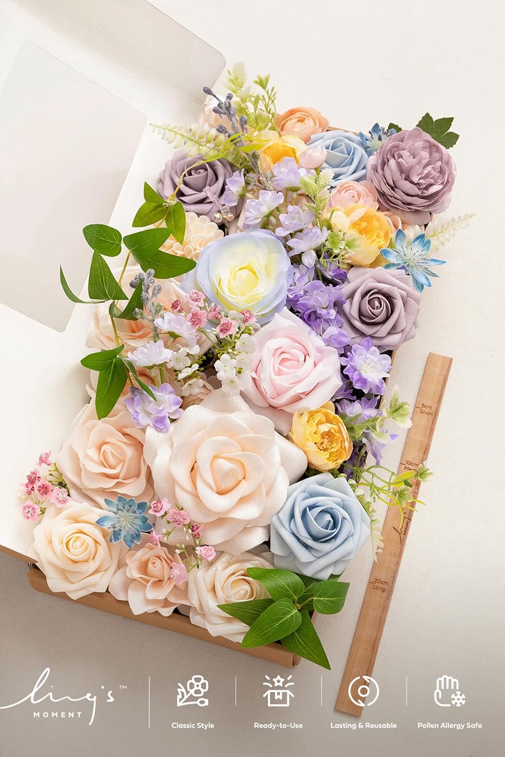 Fake Flowers Box, Faux Artificial Greenery Stems Foam Roses Poppy Gardenia Silk Hydrangea Peony Fabic Flower for Centerpieces Bouquet Wedding Floral Vase, English Pastel, Deluxe Combo