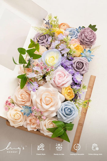 Fake Flowers Box, Faux Artificial Greenery Stems Foam Roses Poppy Gardenia Silk Hydrangea Peony Fabic Flower for Centerpieces Bouquet Wedding Floral Vase, English Pastel, Deluxe Combo