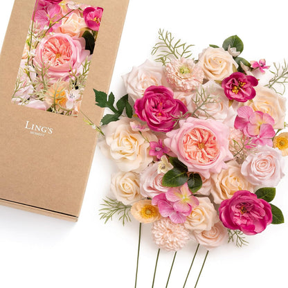 Fake Flowers Box, Faux Artificial Greenery Stems Foam Roses Poppy Gardenia Silk Hydrangea Peony Fabic Flower for Centerpieces Bouquet Wedding Floral Vase, English Pastel, Deluxe Combo