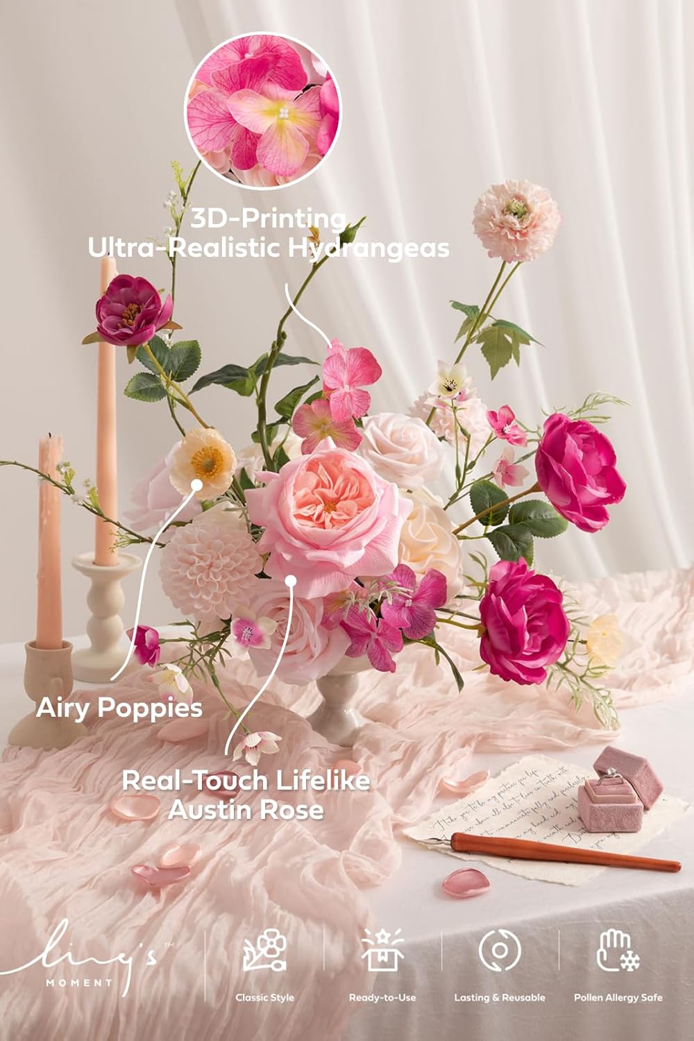 Fake Flowers Box, Faux Artificial Greenery Stems Foam Roses Poppy Gardenia Silk Hydrangea Peony Fabic Flower for Centerpieces Bouquet Wedding Floral Vase, English Pastel, Deluxe Combo