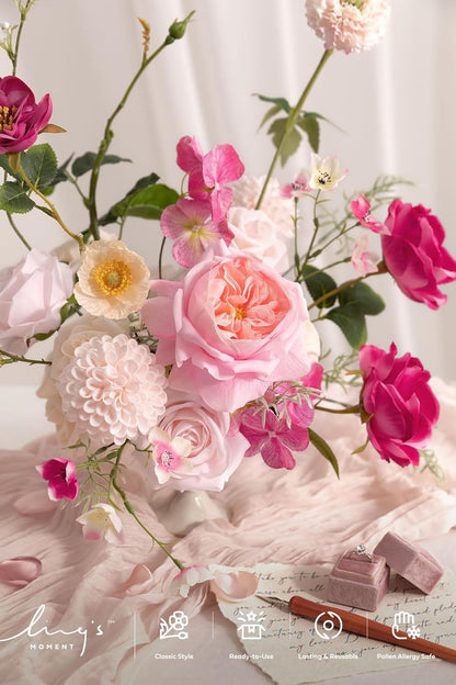 Fake Flowers Box, Faux Artificial Greenery Stems Foam Roses Poppy Gardenia Silk Hydrangea Peony Fabic Flower for Centerpieces Bouquet Wedding Floral Vase, English Pastel, Deluxe Combo