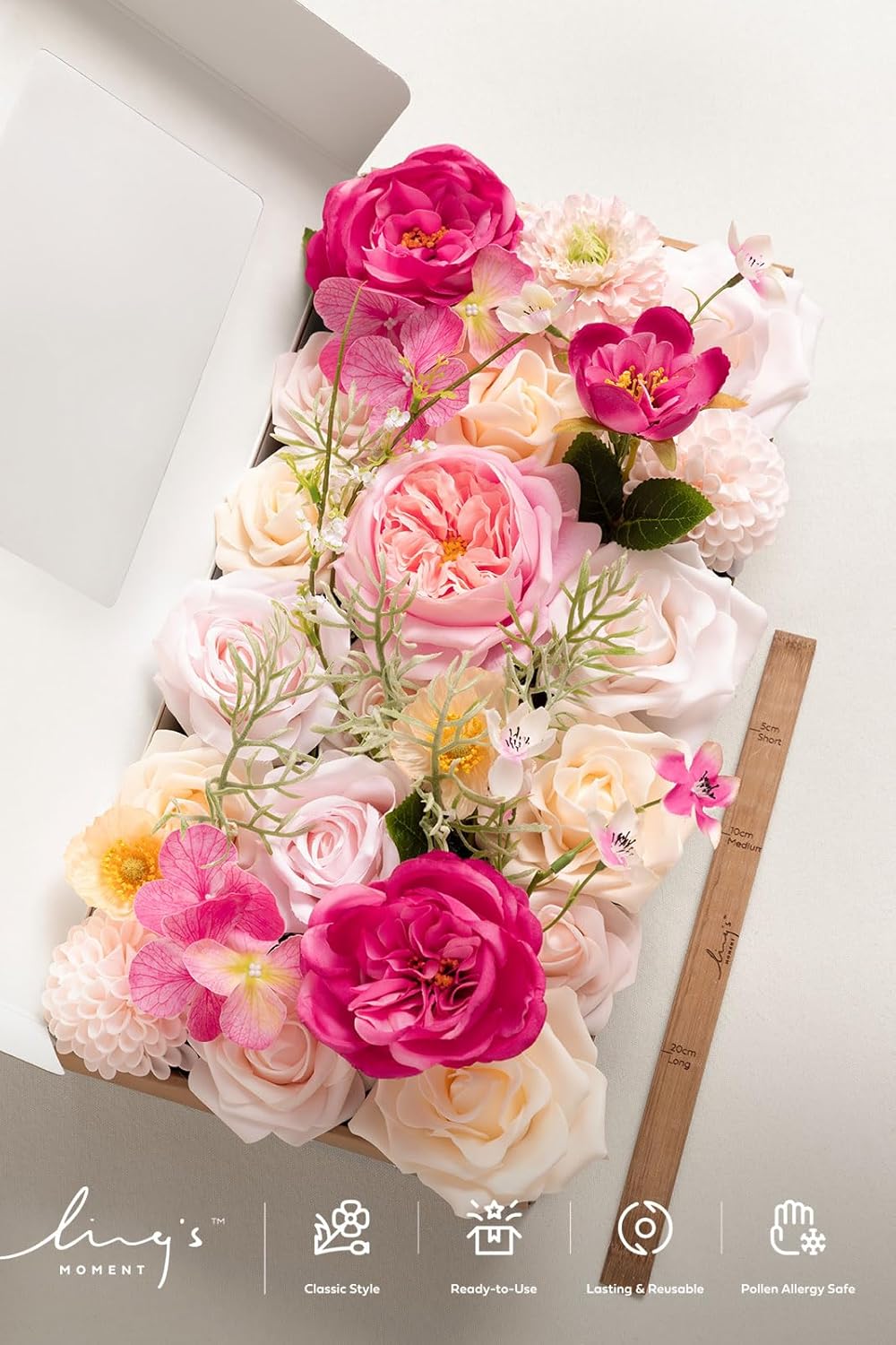 Fake Flowers Box, Faux Artificial Greenery Stems Foam Roses Poppy Gardenia Silk Hydrangea Peony Fabic Flower for Centerpieces Bouquet Wedding Floral Vase, English Pastel, Deluxe Combo