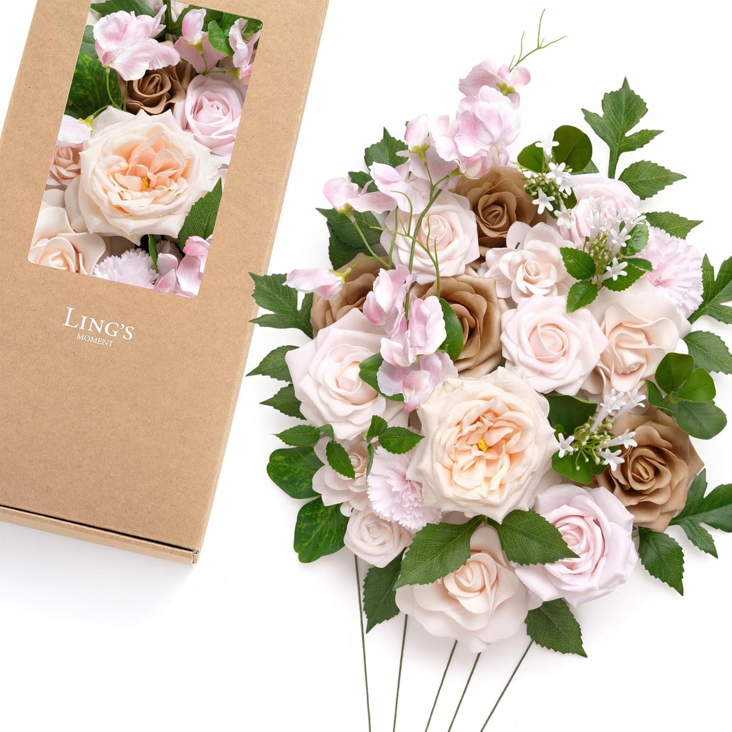 Fake Flowers Box, Faux Artificial Greenery Stems Foam Roses Poppy Gardenia Silk Hydrangea Peony Fabic Flower for Centerpieces Bouquet Wedding Floral Vase, English Pastel, Deluxe Combo