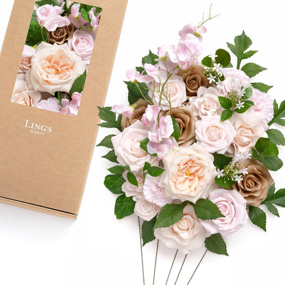 Fake Flowers Box, Faux Artificial Greenery Stems Foam Roses Poppy Gardenia Silk Hydrangea Peony Fabic Flower for Centerpieces Bouquet Wedding Floral Vase, English Pastel, Deluxe Combo