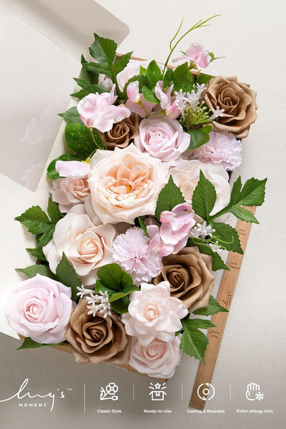 Fake Flowers Box, Faux Artificial Greenery Stems Foam Roses Poppy Gardenia Silk Hydrangea Peony Fabic Flower for Centerpieces Bouquet Wedding Floral Vase, English Pastel, Deluxe Combo