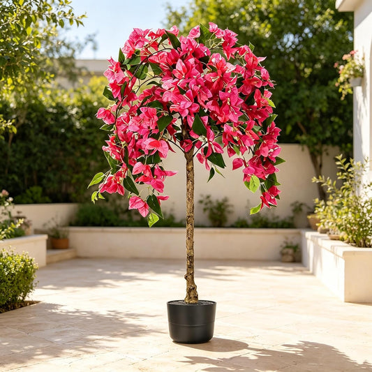 3.5FT Artificial Bougainvillea Tree with Pot, Realistic Faux Flowering Tree with Real Wood Trunk, Silk Potted Plant for Indoor Outdoor, Front Porch, Patio, Garden, Entryway & Fall Home Decor, Pink