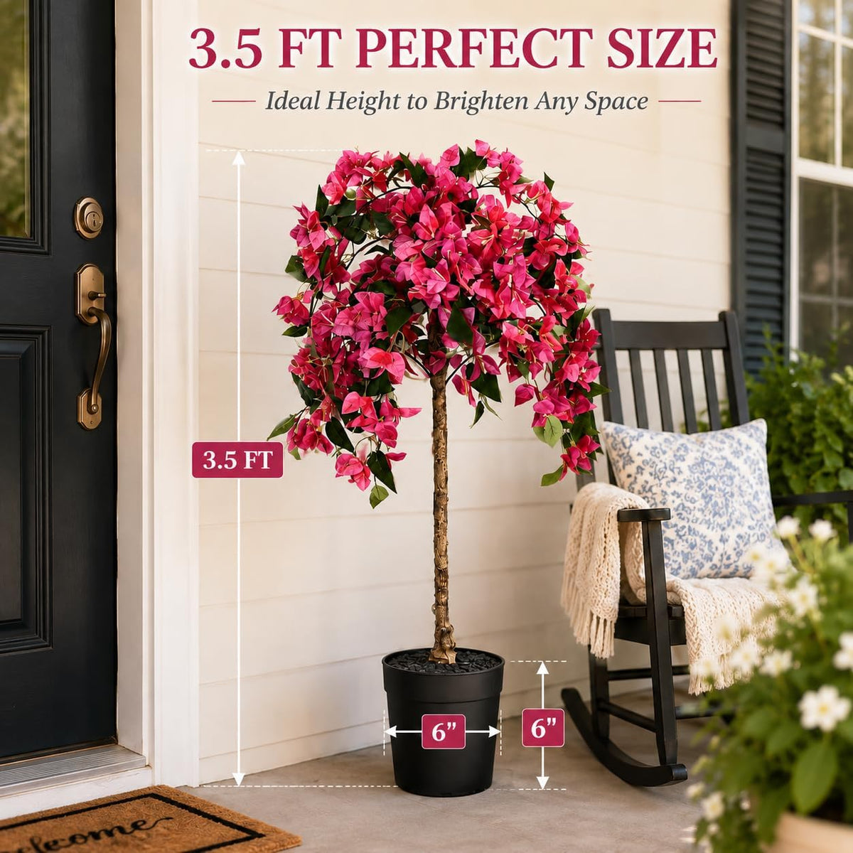 3.5FT Artificial Bougainvillea Tree with Pot, Realistic Faux Flowering Tree with Real Wood Trunk, Silk Potted Plant for Indoor Outdoor, Front Porch, Patio, Garden, Entryway & Fall Home Decor, Pink