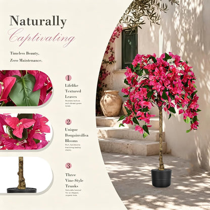 3.5FT Artificial Bougainvillea Tree with Pot, Realistic Faux Flowering Tree with Real Wood Trunk, Silk Potted Plant for Indoor Outdoor, Front Porch, Patio, Garden, Entryway & Fall Home Decor, Pink