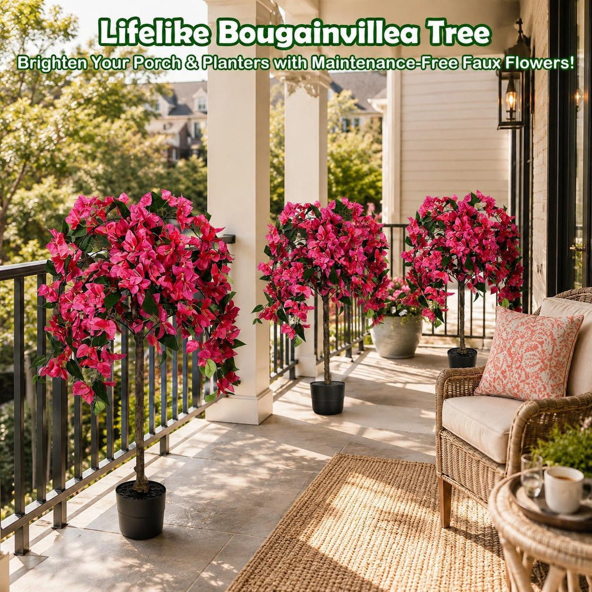 3.5FT Artificial Bougainvillea Tree with Pot, Realistic Faux Flowering Tree with Real Wood Trunk, Silk Potted Plant for Indoor Outdoor, Front Porch, Patio, Garden, Entryway & Fall Home Decor, Pink