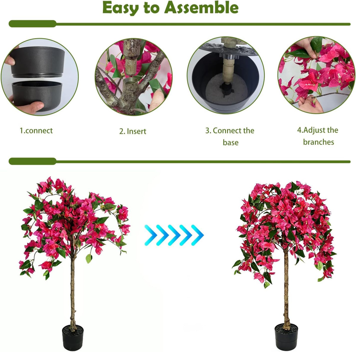 3.5FT Artificial Bougainvillea Tree with Pot, Realistic Faux Flowering Tree with Real Wood Trunk, Silk Potted Plant for Indoor Outdoor, Front Porch, Patio, Garden, Entryway & Fall Home Decor, Pink