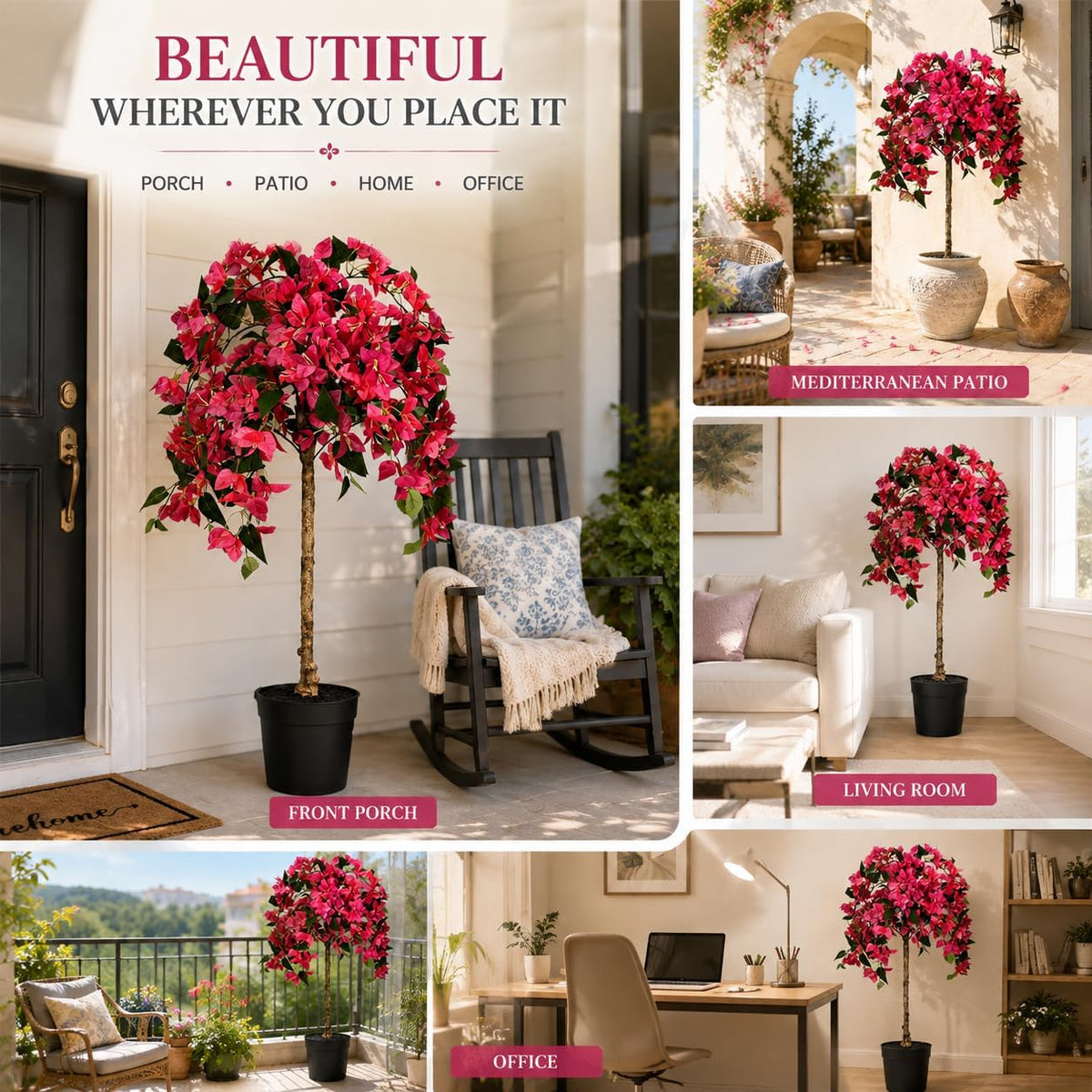 3.5FT Artificial Bougainvillea Tree with Pot, Realistic Faux Flowering Tree with Real Wood Trunk, Silk Potted Plant for Indoor Outdoor, Front Porch, Patio, Garden, Entryway & Fall Home Decor, Pink