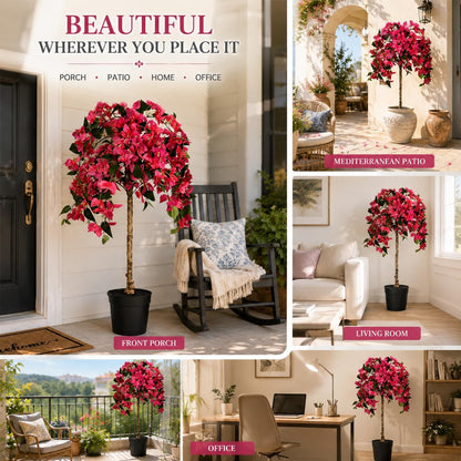 3.5FT Artificial Bougainvillea Tree with Pot, Realistic Faux Flowering Tree with Real Wood Trunk, Silk Potted Plant for Indoor Outdoor, Front Porch, Patio, Garden, Entryway & Fall Home Decor, Pink