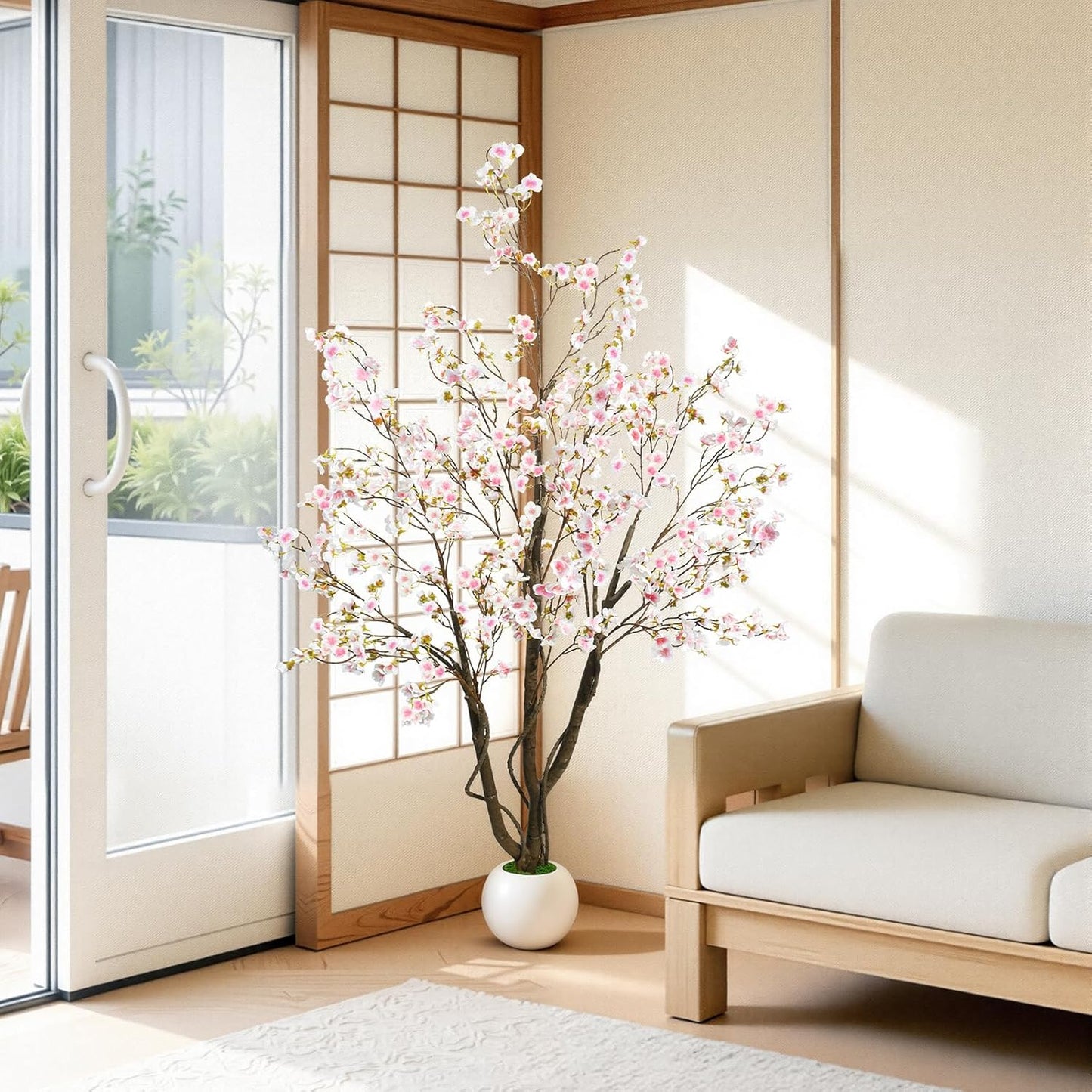 Artificial Cherry Blossom Tree 6FT, Pink Faux Floor Tree | Ball-Shaped Pot with Moss Topper, Lifelike Faux Tree for Home Office, Living Room, Bedroom, Doorway and Hallway Decor