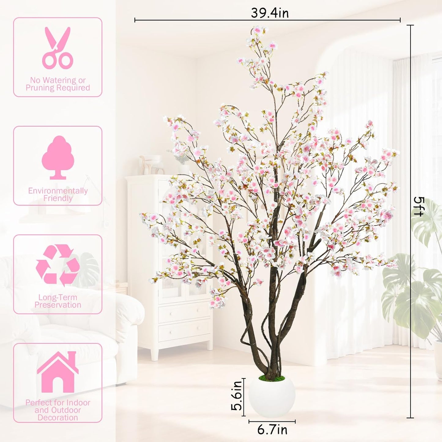 Artificial Cherry Blossom Tree 6FT, Pink Faux Floor Tree | Ball-Shaped Pot with Moss Topper, Lifelike Faux Tree for Home Office, Living Room, Bedroom, Doorway and Hallway Decor