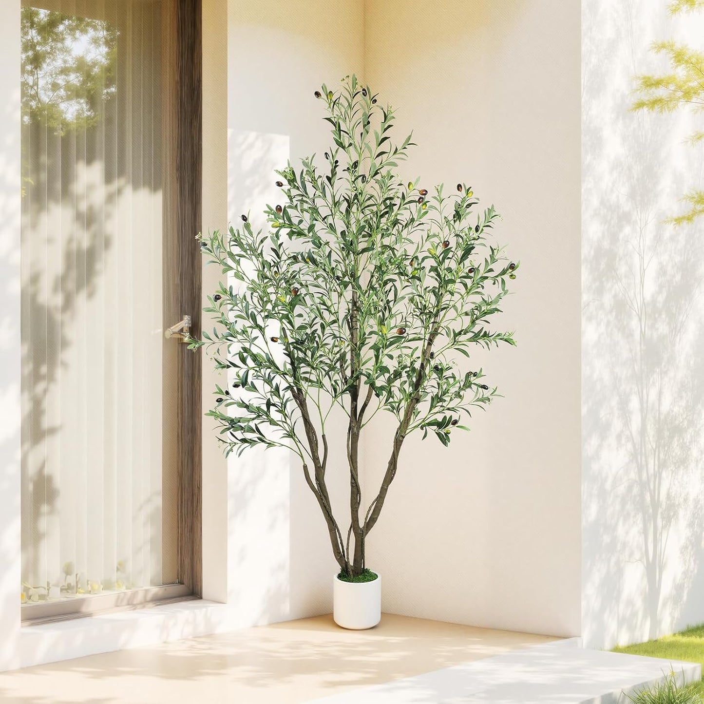Artificial Cherry Blossom Tree 6FT, Pink Faux Floor Tree | Ball-Shaped Pot with Moss Topper, Lifelike Faux Tree for Home Office, Living Room, Bedroom, Doorway and Hallway Decor