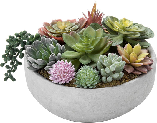 MyGift 8 Inch Round Artificial Succulent Plants in Gray Concrete Plant Bowl