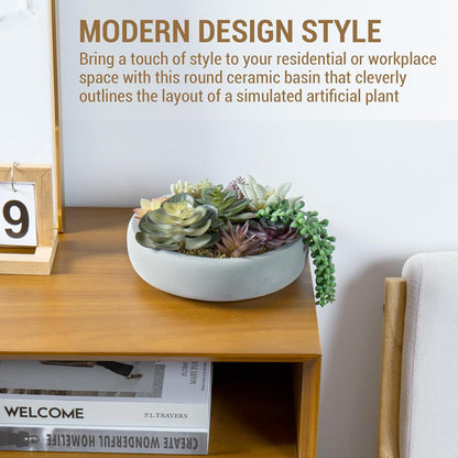MyGift 8 Inch Round Artificial Succulent Plants in Gray Concrete Plant Bowl