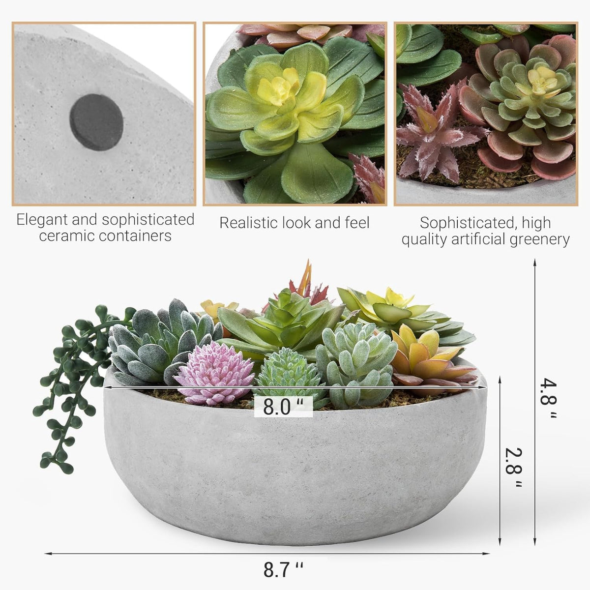 MyGift 8 Inch Round Artificial Succulent Plants in Gray Concrete Plant Bowl