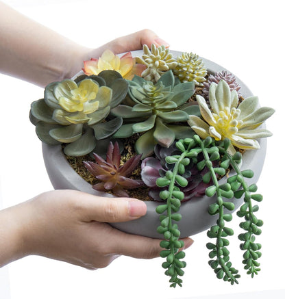 MyGift 8 Inch Round Artificial Succulent Plants in Gray Concrete Plant Bowl