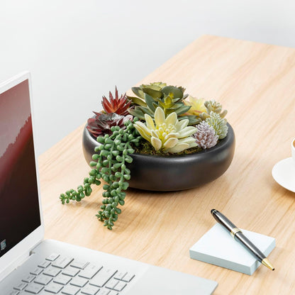 MyGift 8 Inch Round Artificial Succulent Plants in Gray Concrete Plant Bowl