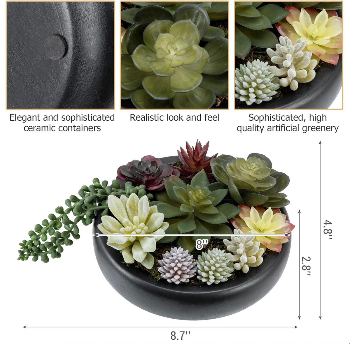 MyGift 8 Inch Round Artificial Succulent Plants in Gray Concrete Plant Bowl
