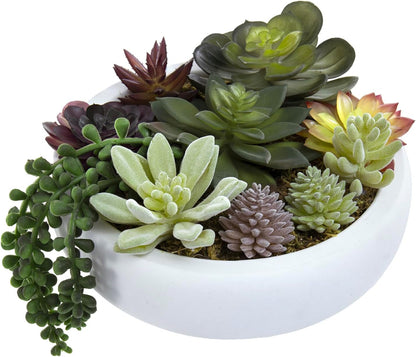 MyGift 8 Inch Round Artificial Succulent Plants in Gray Concrete Plant Bowl