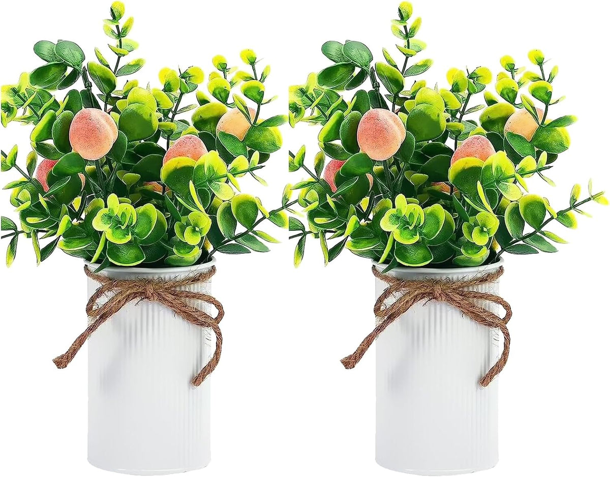 2Pcs Foam Fake Plants, Cute Potted Plants, Bonsai Tree Artificial Plants with Iron Pot, Fake Decorative Fruit Plant for Office Home Living Room Table Desk(Peach)
