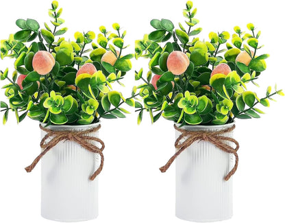 2Pcs Foam Fake Plants, Cute Potted Plants, Bonsai Tree Artificial Plants with Iron Pot, Fake Decorative Fruit Plant for Office Home Living Room Table Desk(Peach)
