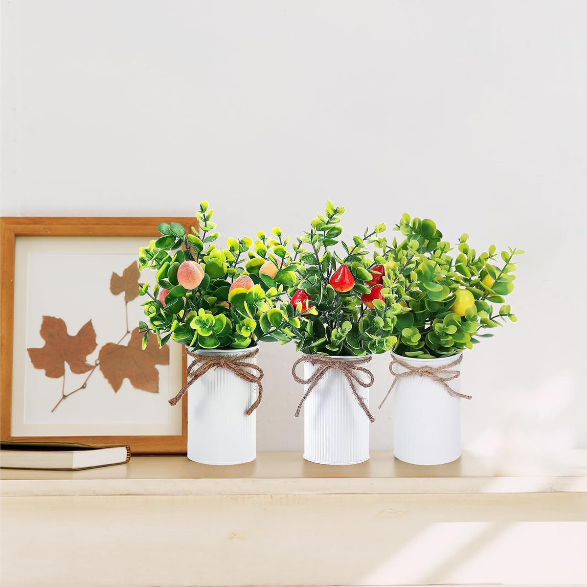 2Pcs Foam Fake Plants, Cute Potted Plants, Bonsai Tree Artificial Plants with Iron Pot, Fake Decorative Fruit Plant for Office Home Living Room Table Desk(Peach)