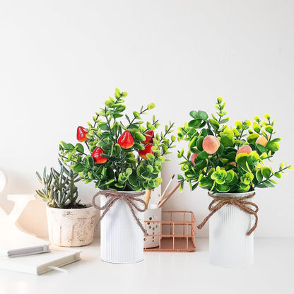 2Pcs Foam Fake Plants, Cute Potted Plants, Bonsai Tree Artificial Plants with Iron Pot, Fake Decorative Fruit Plant for Office Home Living Room Table Desk(Peach)