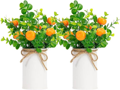 2Pcs Foam Fake Plants, Cute Potted Plants, Bonsai Tree Artificial Plants with Iron Pot, Fake Decorative Fruit Plant for Office Home Living Room Table Desk(Peach)