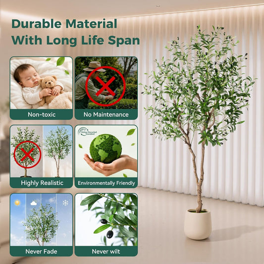 6FT Faux Olive Tree with Decorative Planter, Olive Trees Artificial Indoor with Textured Trunk, Silk Leaves and Olive Fruits, Fake Plants for Living Room, Entryway and Office Decor