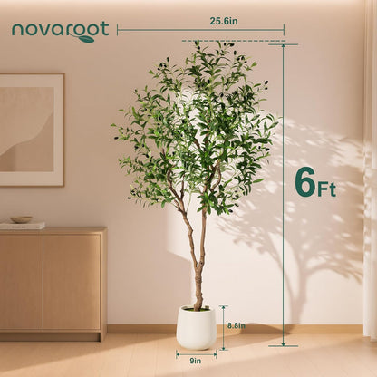 6FT Faux Olive Tree with Decorative Planter, Olive Trees Artificial Indoor with Textured Trunk, Silk Leaves and Olive Fruits, Fake Plants for Living Room, Entryway and Office Decor