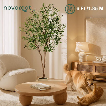 6FT Faux Olive Tree with Decorative Planter, Olive Trees Artificial Indoor with Textured Trunk, Silk Leaves and Olive Fruits, Fake Plants for Living Room, Entryway and Office Decor