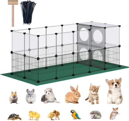 Small Animal Playpen with Oxford Mat, 24 inches Height, Pet Exercise Fence, Home Protector, Iron Mesh and Plastic Combination, Visualization, DIY, Games Hole Series, 60.2 x 24.8 x 24.8inch
