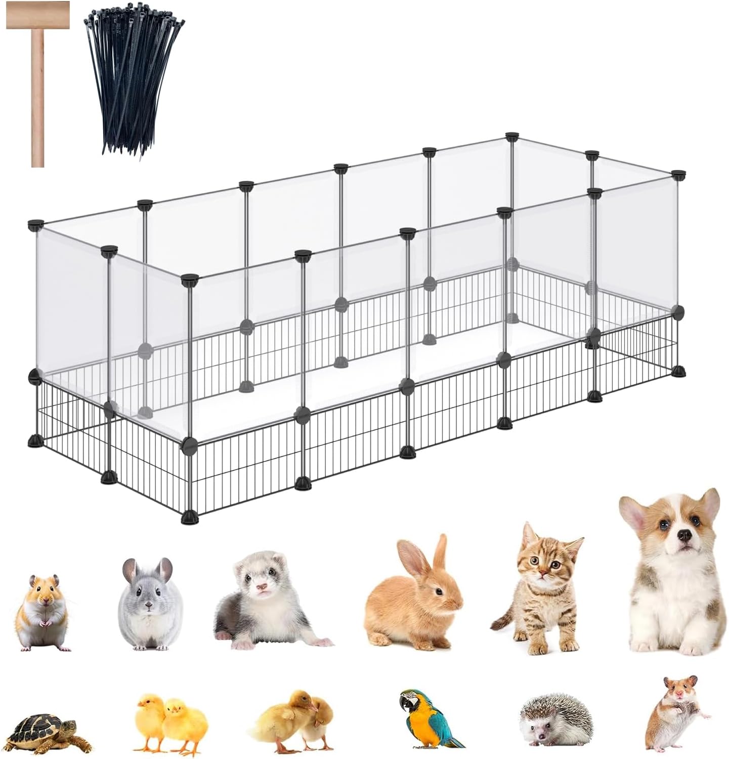 Small Animal Playpen with Oxford Mat, 24 inches Height, Pet Exercise Fence, Home Protector, Iron Mesh and Plastic Combination, Visualization, DIY, Games Hole Series, 60.2 x 24.8 x 24.8inch