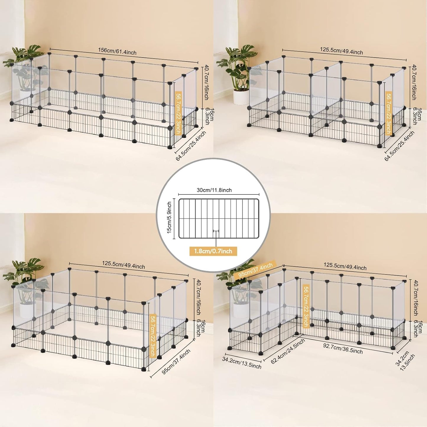 Small Animal Playpen with Oxford Mat, 24 inches Height, Pet Exercise Fence, Home Protector, Iron Mesh and Plastic Combination, Visualization, DIY, Games Hole Series, 60.2 x 24.8 x 24.8inch