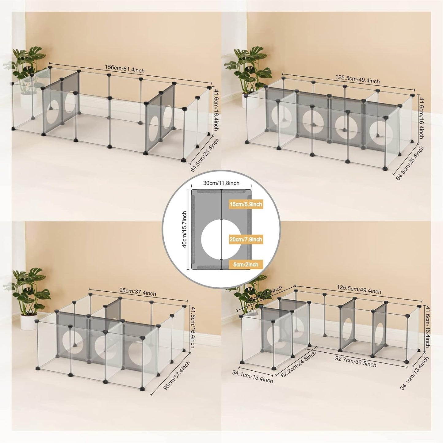 Small Animal Playpen with Oxford Mat, 24 inches Height, Pet Exercise Fence, Home Protector, Iron Mesh and Plastic Combination, Visualization, DIY, Games Hole Series, 60.2 x 24.8 x 24.8inch