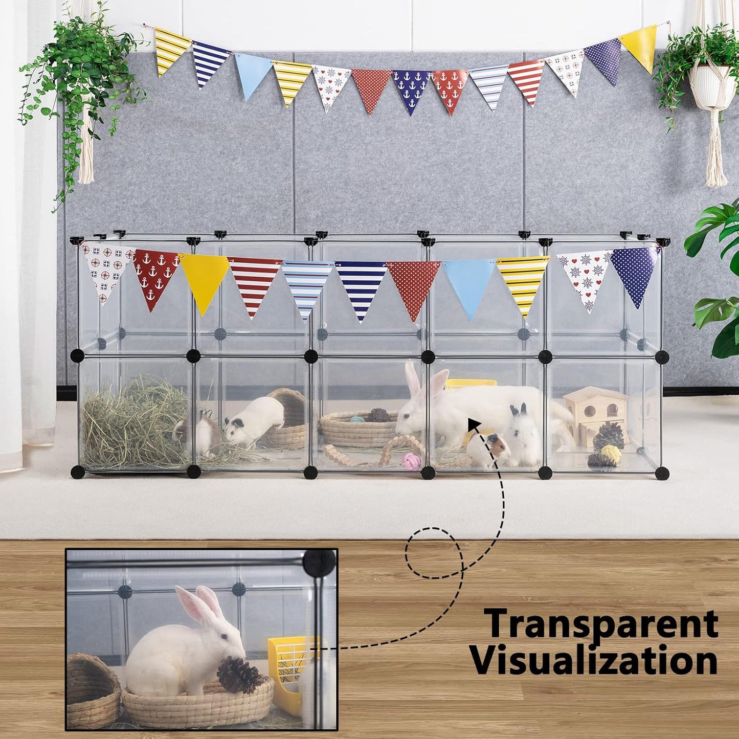Small Animal Playpen with Oxford Mat, 24 inches Height, Pet Exercise Fence, Home Protector, Iron Mesh and Plastic Combination, Visualization, DIY, Games Hole Series, 60.2 x 24.8 x 24.8inch
