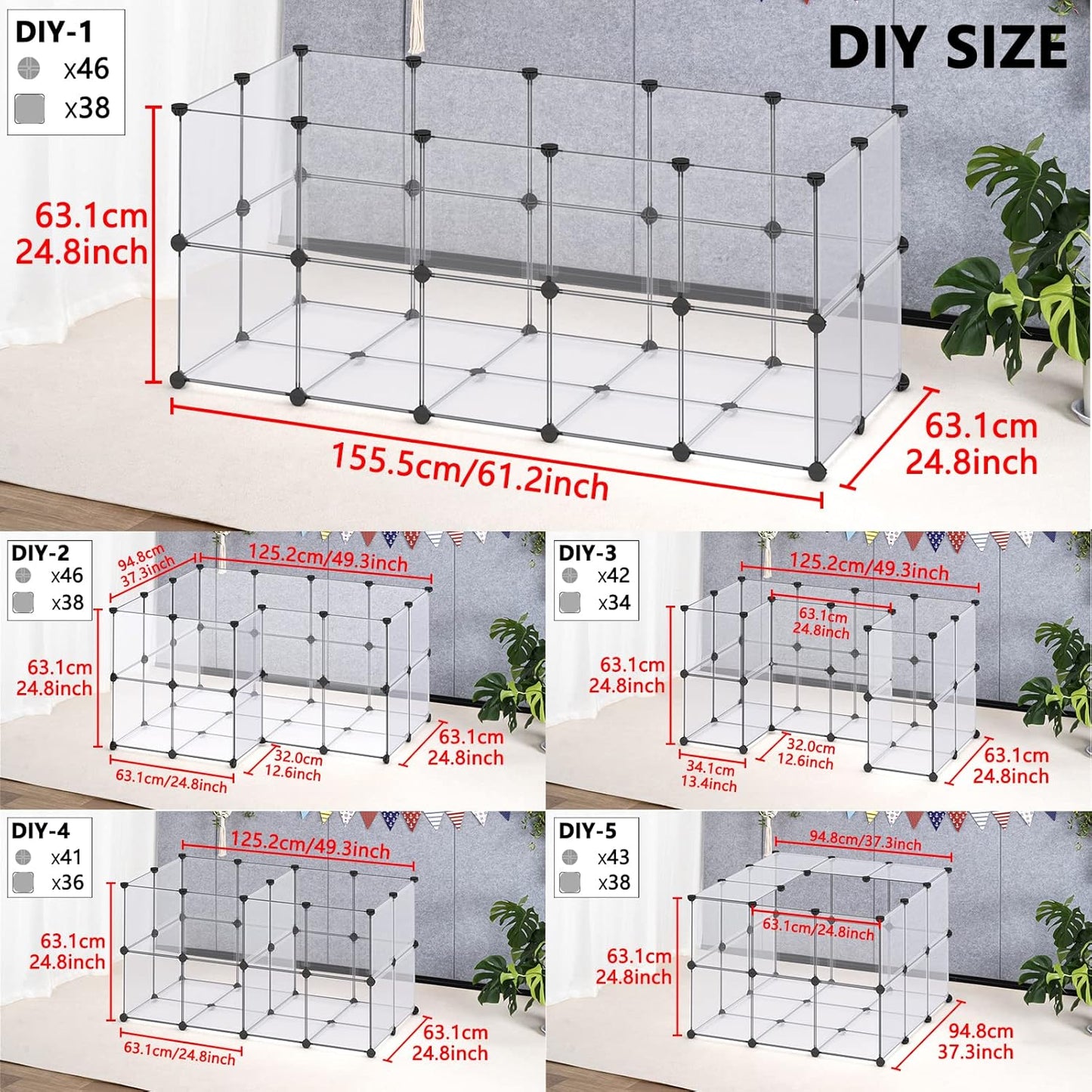 Small Animal Playpen with Oxford Mat, 24 inches Height, Pet Exercise Fence, Home Protector, Iron Mesh and Plastic Combination, Visualization, DIY, Games Hole Series, 60.2 x 24.8 x 24.8inch